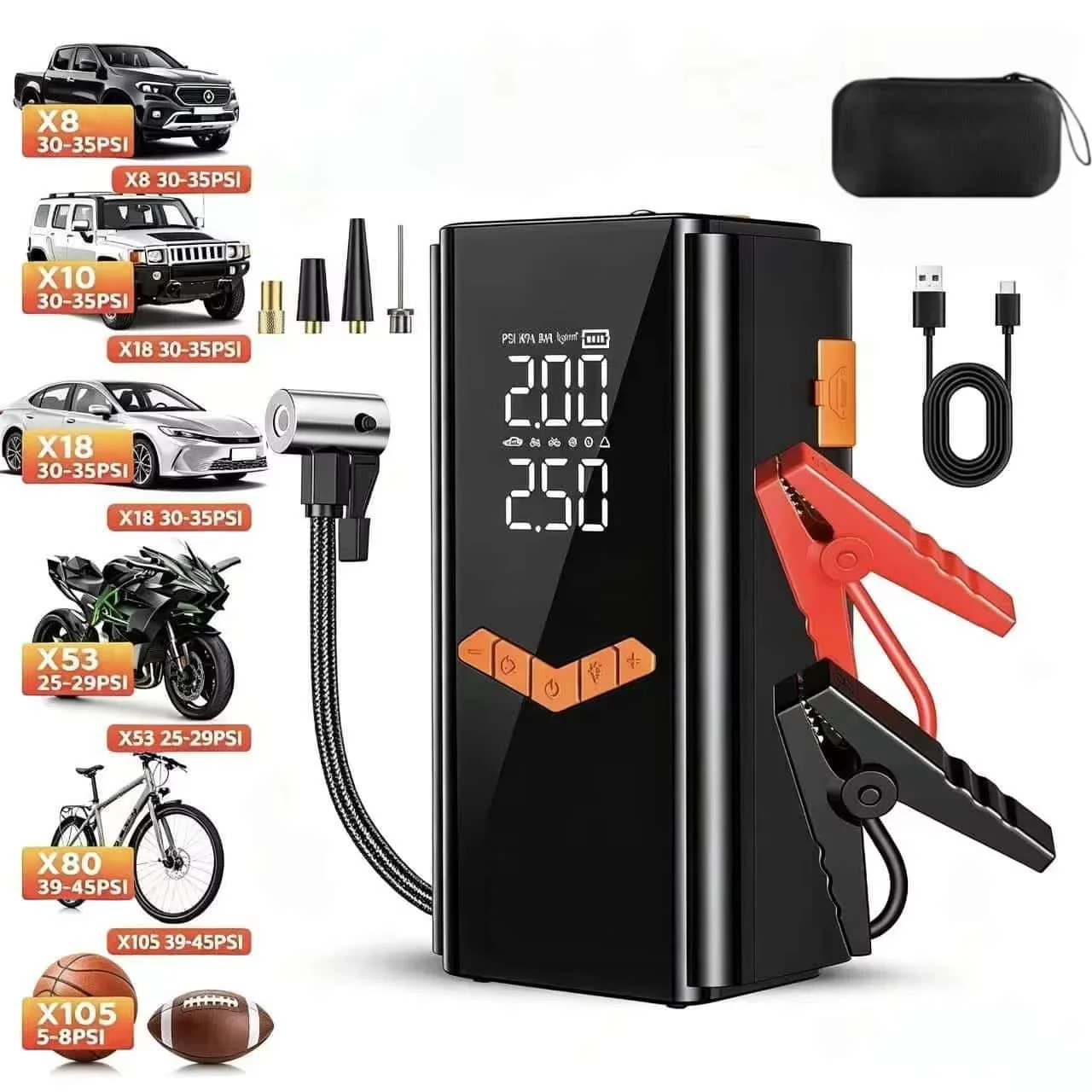 4-IN-1 Car Jump Starter With 150PSI Tire Inflator Air Pump Portable Car Battery Booster Power Bank For 12V Gas/Diesel