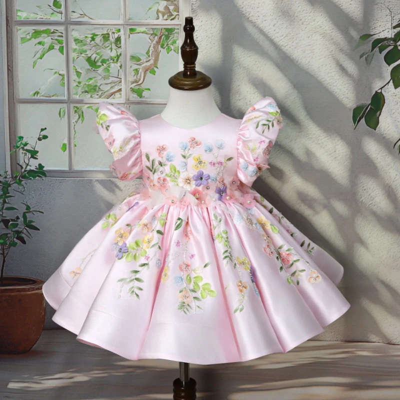 New Handmade Applique Puff Sleeve Princess   Childrens Birthday Celebration Elegant Outfit Dress Girls Gown Pageant Formal Party