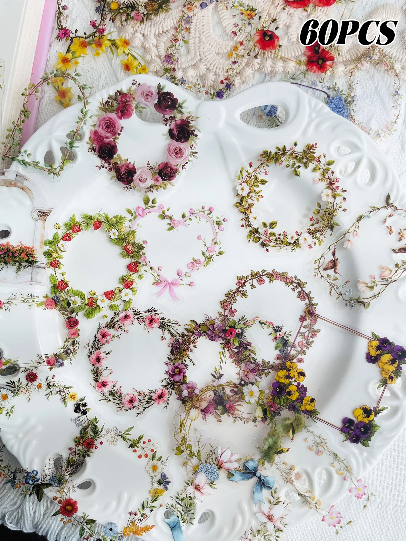 60pcs Floral Scrapbooking Border stickers Suitable for Scrapbooks, Laptops, Tablets, Suitcases, Water Bottles, Phone Cases