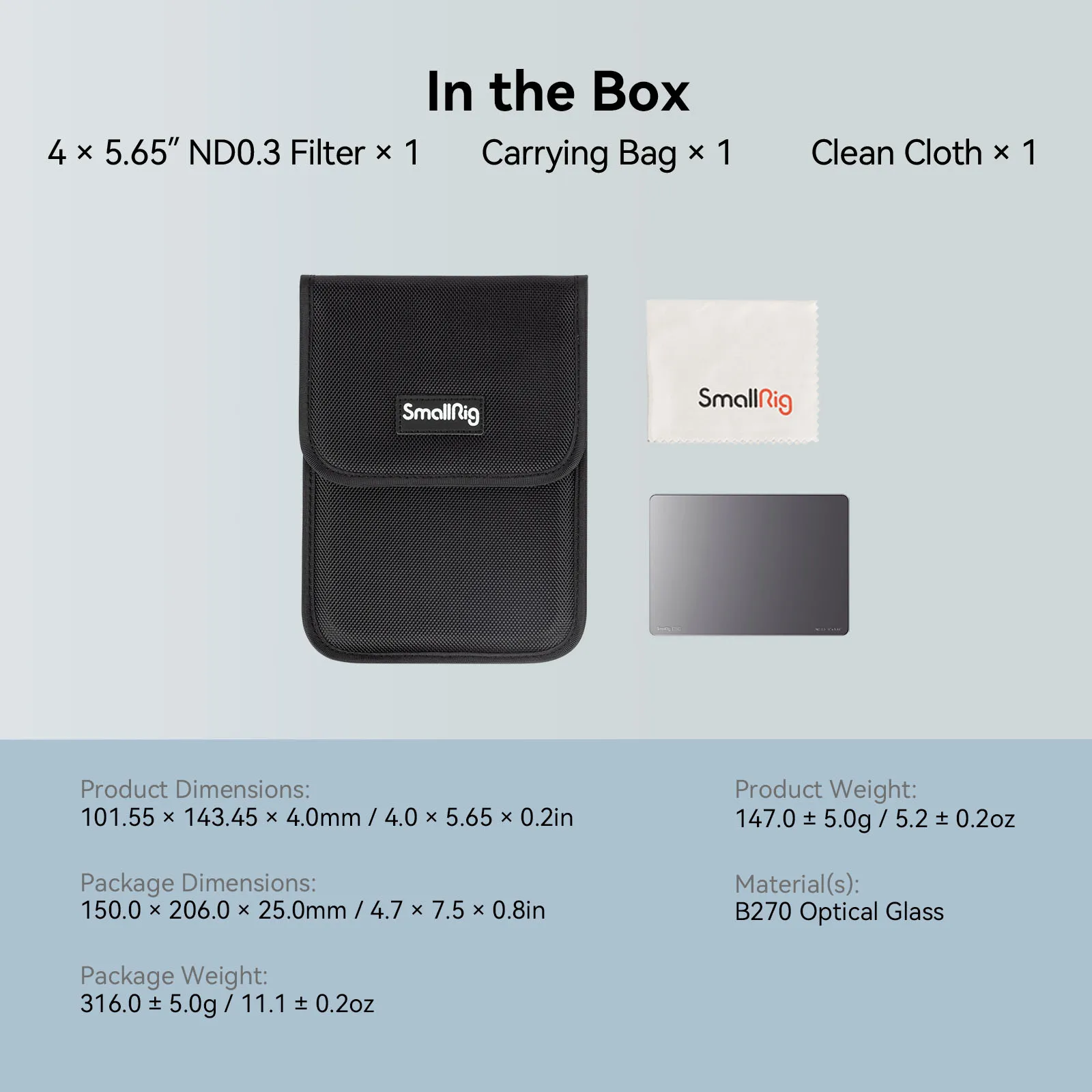SmallRig-filter 4 x 5,65 ND 0,3/0,9/1,5/1,8/2,1/0,6/1,2, (1/3/5/6/7/2/4 stop), vierkant filter met neutrale dichtheid, voor matte doos