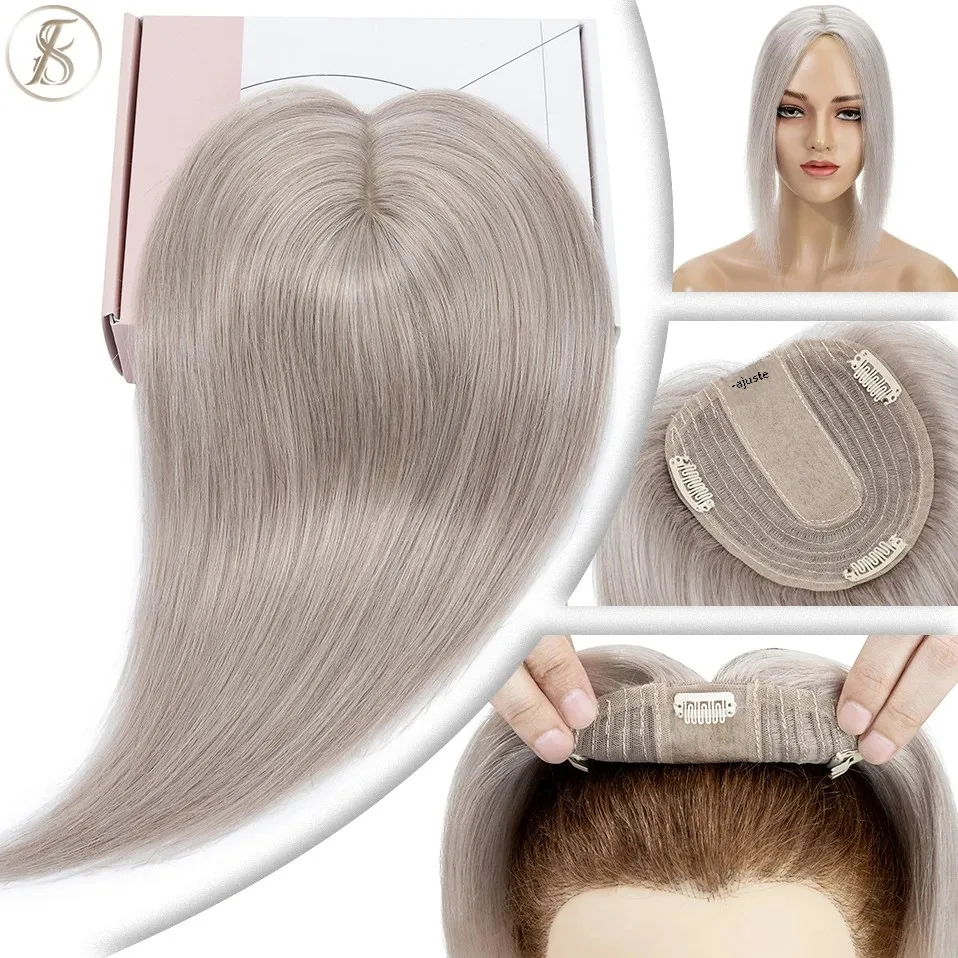 10x12cm adornos para el cabello mujeres europeas Topper prótesis de cabello mujer cabello humano pelucas de cabello Natural Base de seda Clip en extensiones de cabello