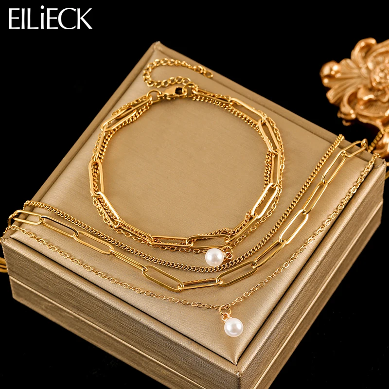 

EILIECK 316L Stainless Steel Pearl Pendant Necklace Bracelets Set For Women Fashion 18K Gold Plated Multilayer Chain Jewelry Set