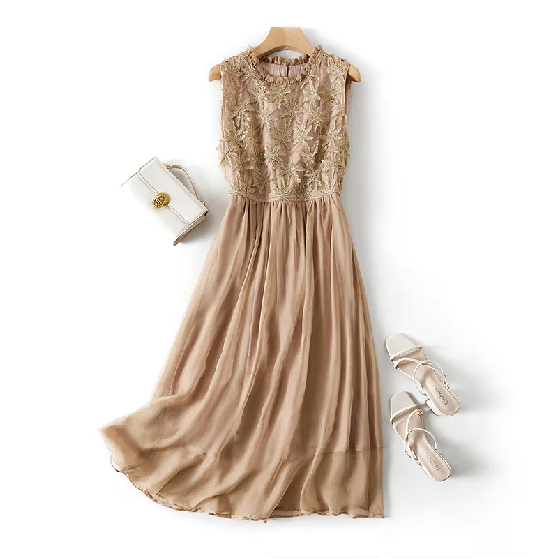 Birdsky, 1PC Women office lady vest dress sleeveless A line embroidery top real mulberry silk georgette solid color, S-682