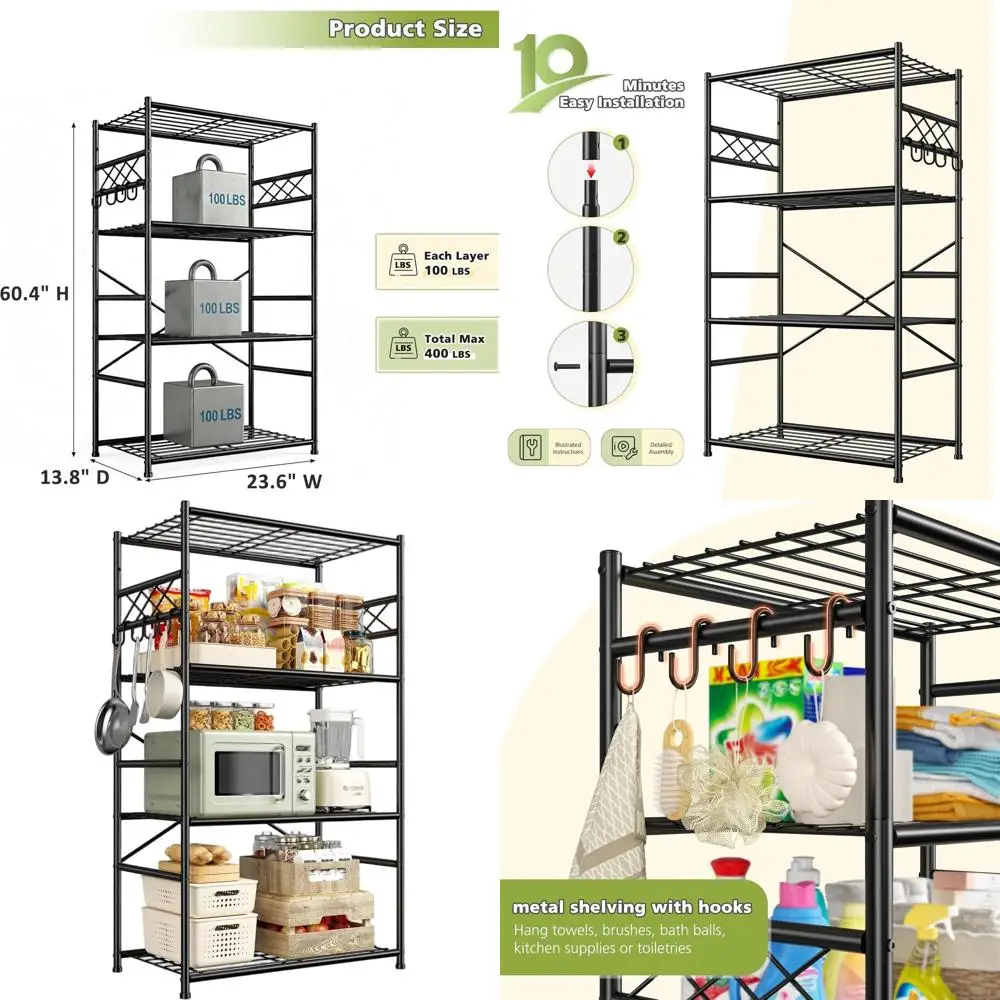 

4-Tier Metal Shelving with Hooks, Heavy-Duty Garage Storage Unit, Adjustable Wire Shelving for Pantry, Kitchen, Closet - 23.6W x