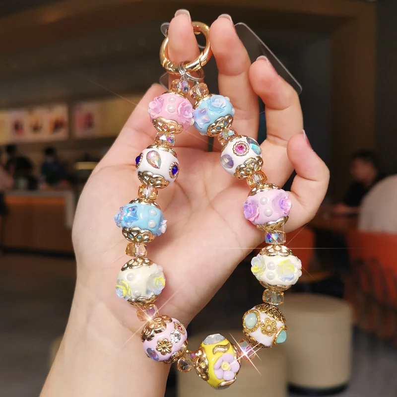 Short Color Diamond Vintage Wrist Bracelet Hand-beaded Luxury Sparkling Gemstone Crystal Beads Phone Charm Telephone Lanyard