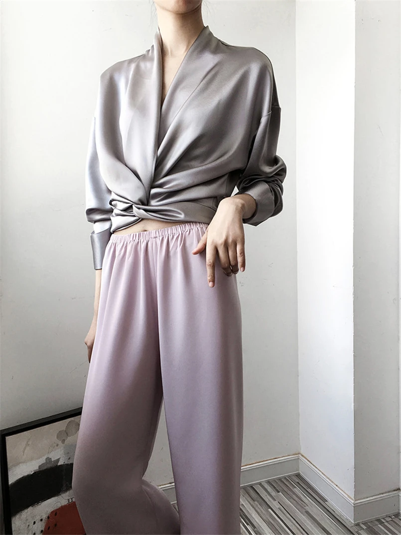 Cetim manga longa blusa elegante cruz torção novo design camisa feminina outono 2026 feminino elegante senhoras topos blusas de alta qualidade