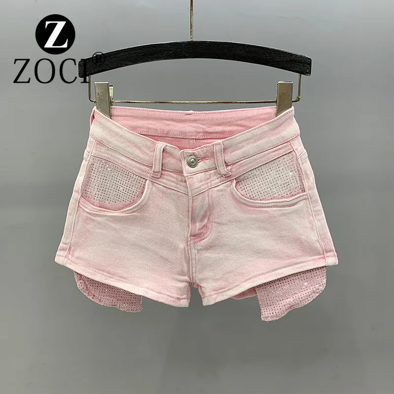 [Zoci] Roze Strass Denim Shorts Zomer 2024 Trend, Meisje A-Lijn Elastische Slim Fit Wijde Pijpen Hotpants