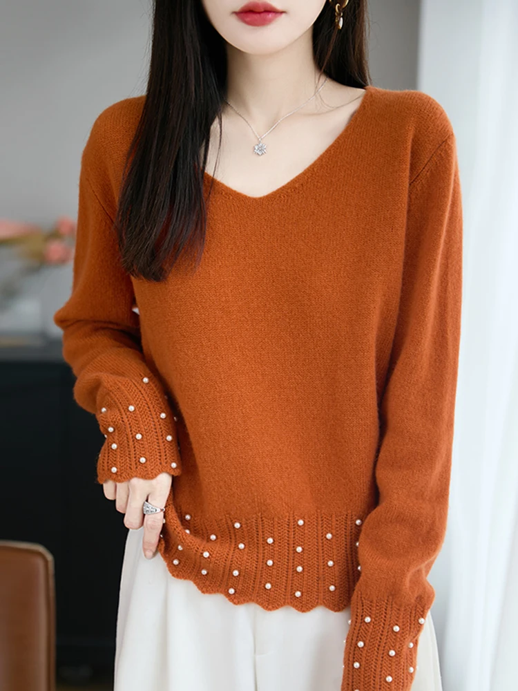 

Qingdao Bead Embellied V-Ne Women's Base irt Sli Knitted Sweater Beautiful Top Winter Faion Korean Loose Fit Long...