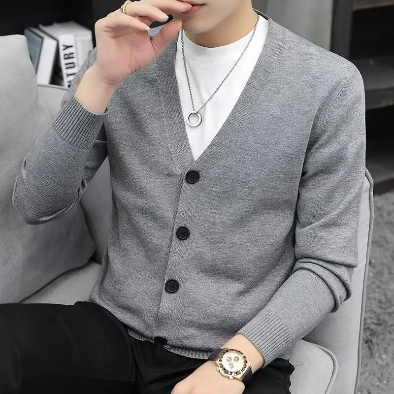 Autumn Winter New Men Sweater Coat V-Neck Solid Single Breasted Korean Fashion Casual Slim Long Sleeve Cardigan Knitted Tops