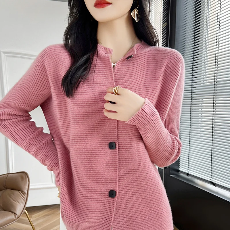 Autumn/Winter New 100% Pure Wool Cardigan Women\'s O-Neck Knitted Bat Sleeve Cardigan Loose Solid Color Cashmere Sweater Coat Top