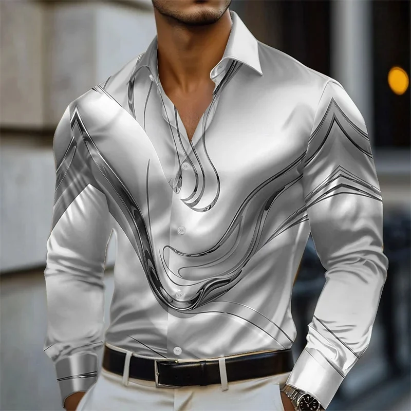 

2025 Mens Geometric Marble Abstract Art Shirt Formal Shirt Long Sleeve Fashion Casual Vacation Lapel 3D Printed Button Shirt