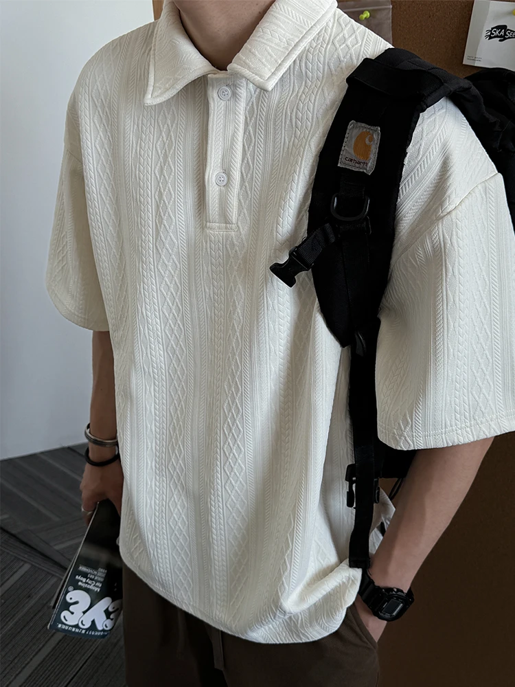 Mens Lightweight Knit Polo Shirt Summer Short Sleeve Korean Casual Loose Fit Collared Jacquard Solid Color Trendy Oversized Tops