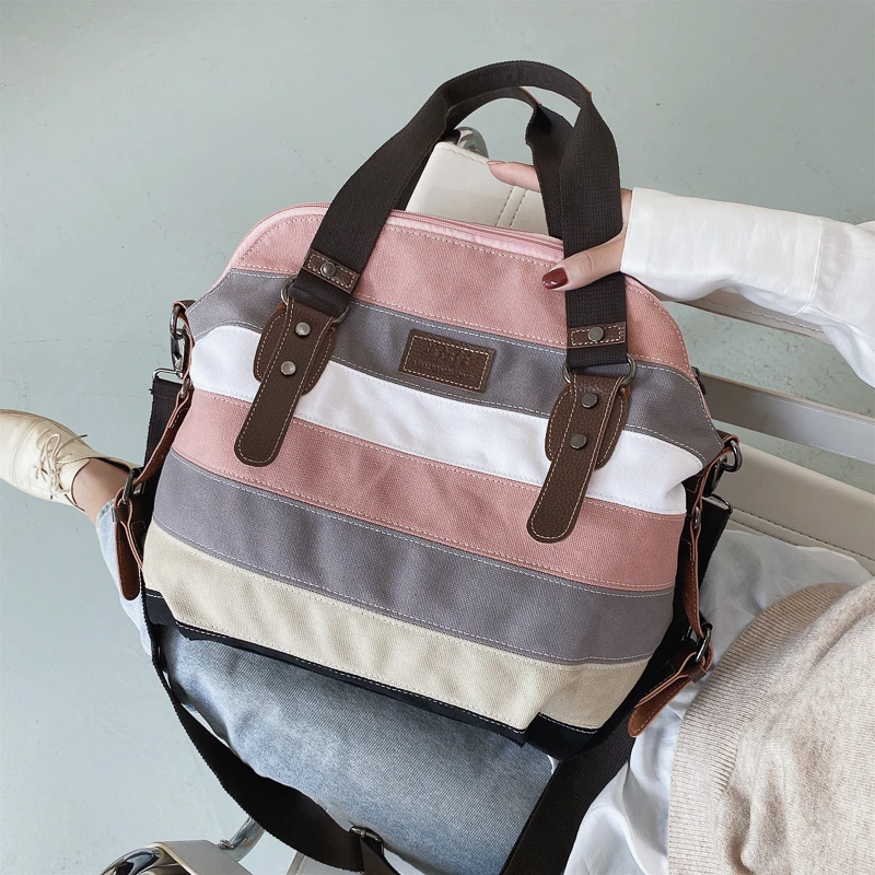 Pink Gray White Khaki Stripe Patchwork Canvas Women Handbags Fashion Leisure Large Totes Bags Summer Travel Ladies Shoulder Bags