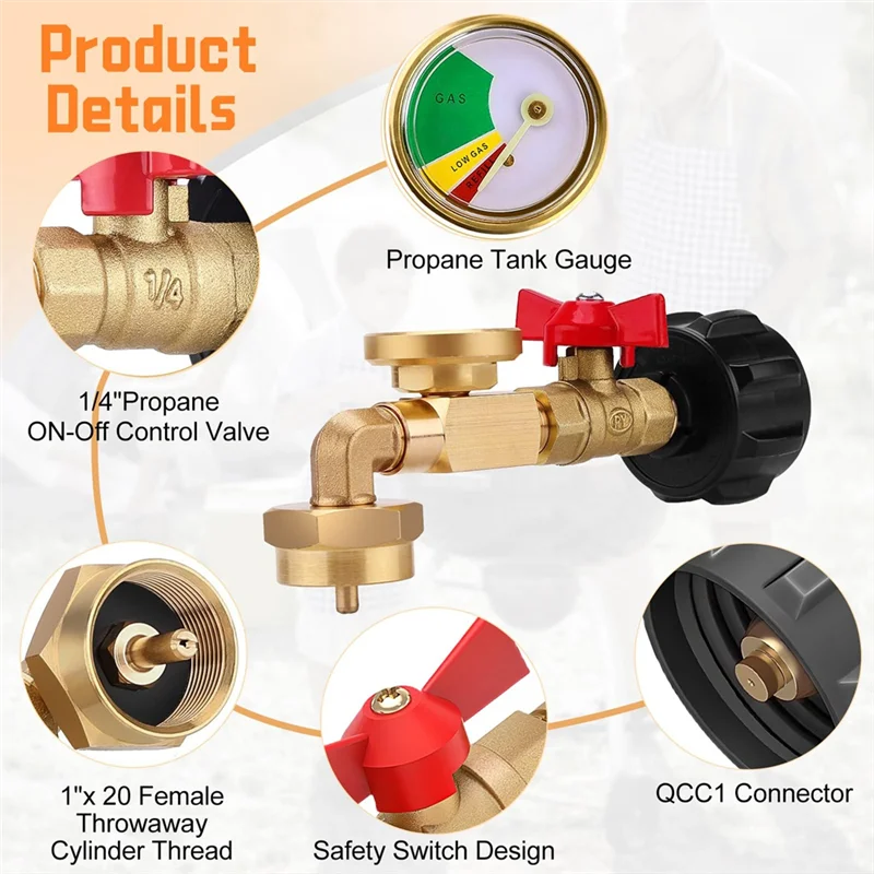 

MOPHE-3 шт. Адаптер локтя для заправки пропана с манометром для бака, адаптер для баллона с пропаном для бака 1 фунт, универсальный манометр для пропана