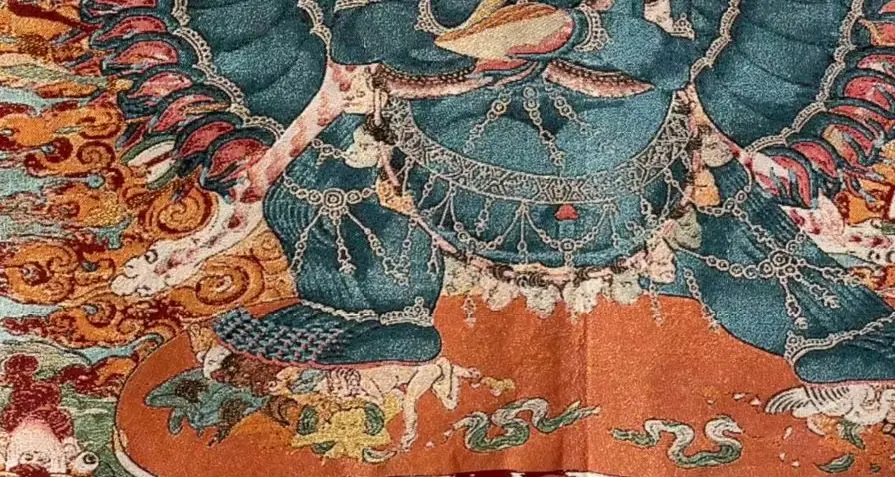 35' Thangka Embroidery Tibetan Buddhism Silk Embroidery Yamantaka Bull Head Yamāntaka Happy Buddha Thangka Hanging Screen