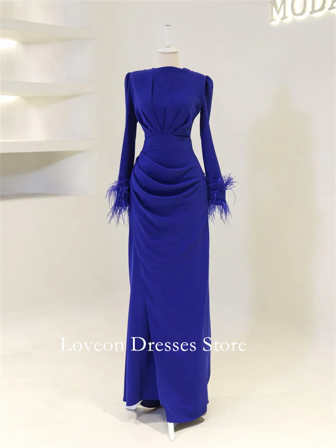 O-pescoço crepe penas vestidos de noite formais ruched sereia mangas completas estilo árabe personalizado elegante baile de formatura crescidos festa feminina