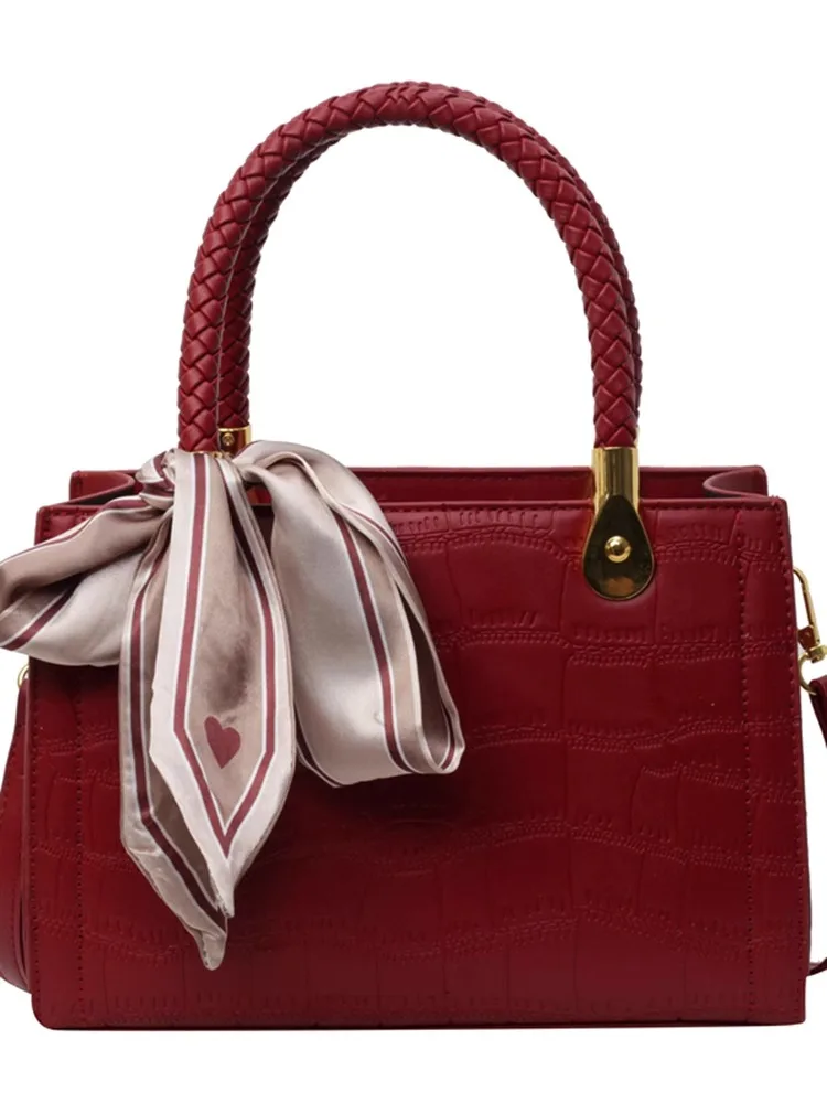 High Quality Red Bag For Women 2024 New Large-Capacity Handheld Crossbody Bag With Scarves Classic Stone Pattern Wedding Bag