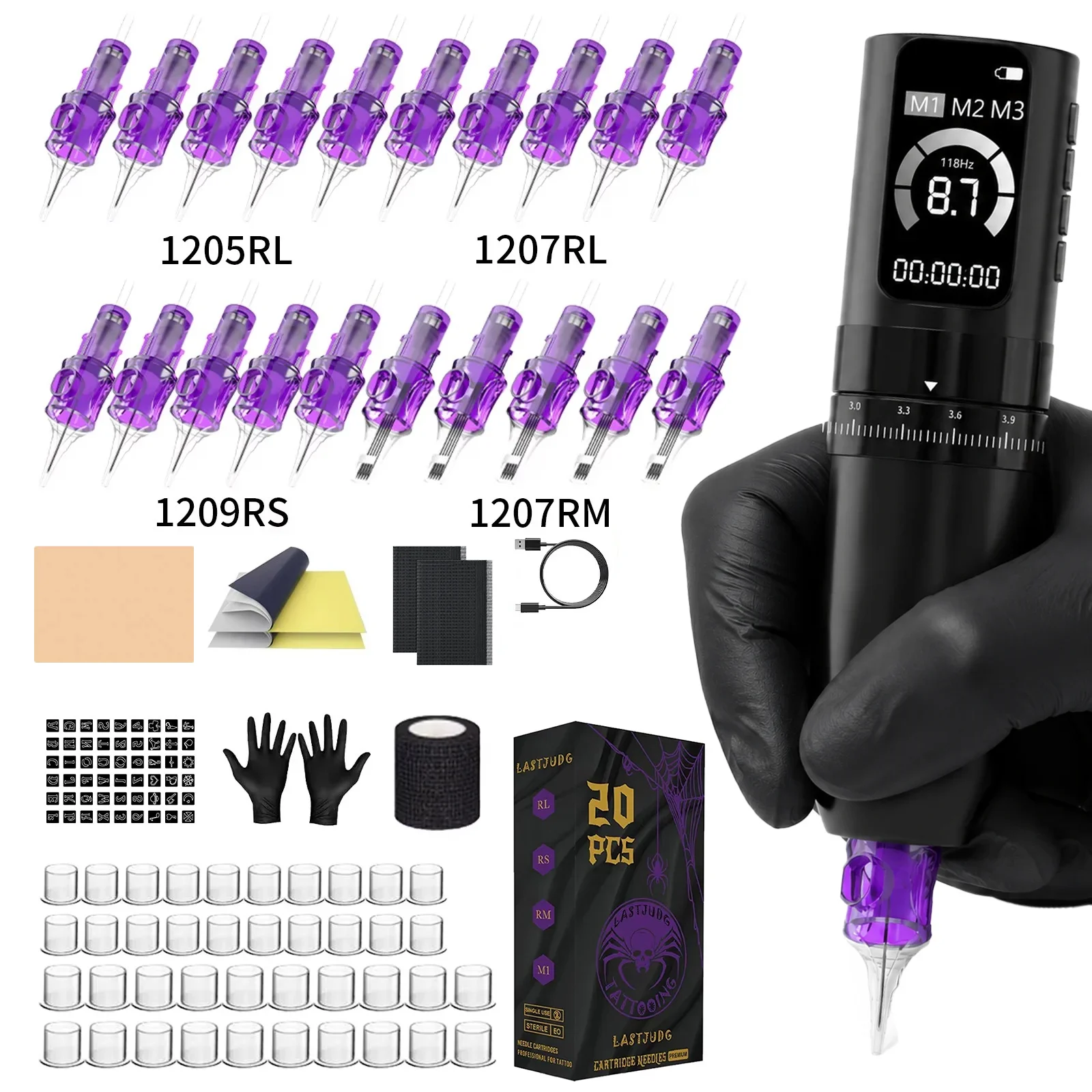 LASTJUDG Tattoo Pen Set Three Modes Wireless Tattoo Machine Kit Adjustable Handle Tattoo Machine Gun Full Kit Tattoo Kit