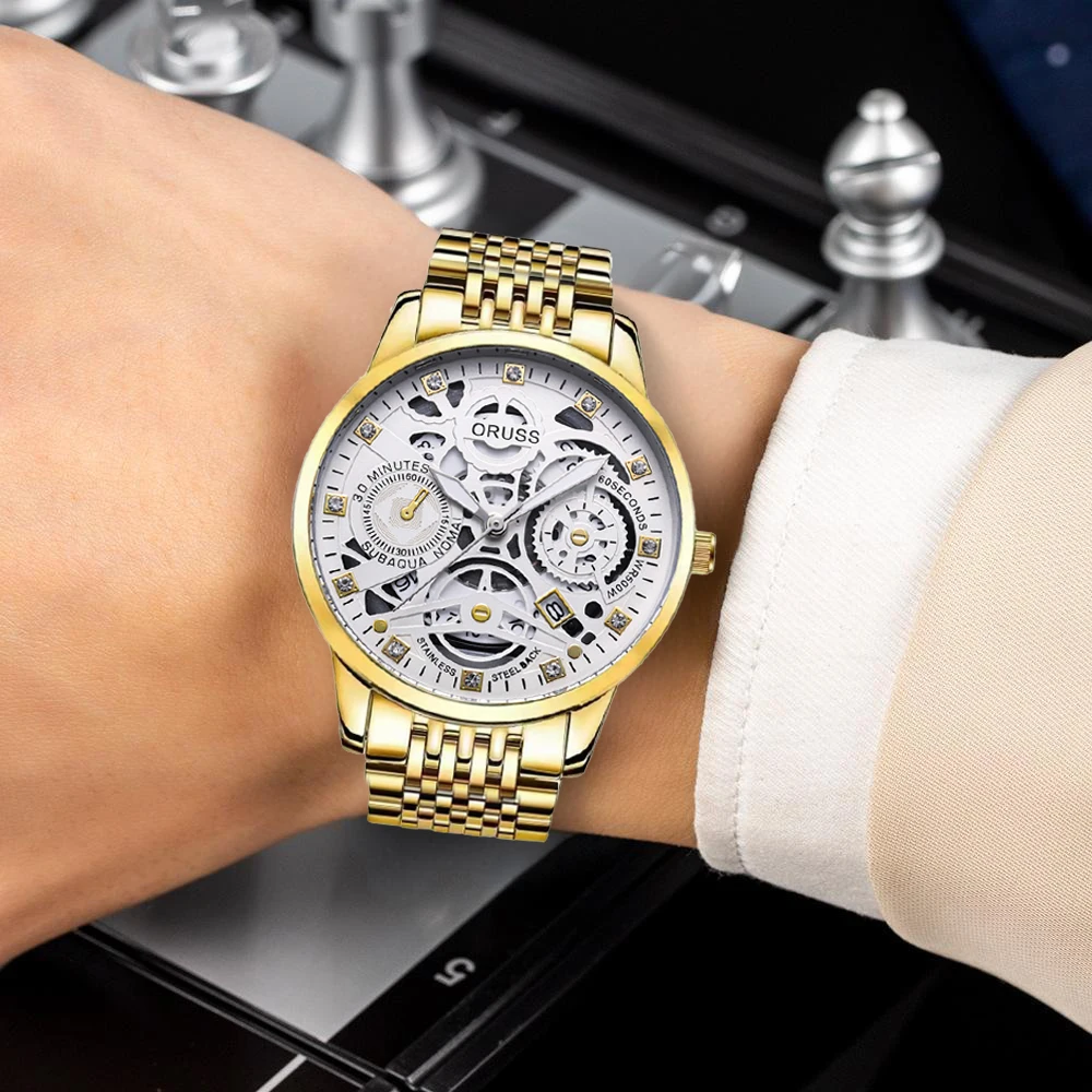 ORUSS оригинальные элитные роскошные мужские часы светящиеся часы для мужчин часы модные наручные часы из нержавеющей стали водонепроницаемые кварцевые