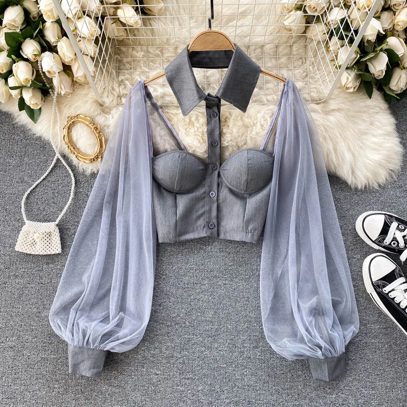 Me Panel Cropped Long Sve Sve irt oulder Bared ort Sle Women's Faion Korean Version Polyester Blend irt