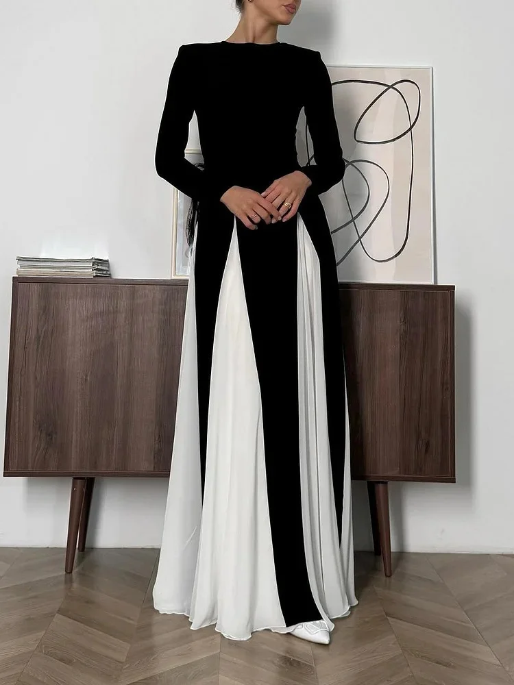 

Elegant Black White Patchwork Maxi Dresses Women Fashion O-neck Long Sleeves Slim Dress Female Evening Party Robes 2025