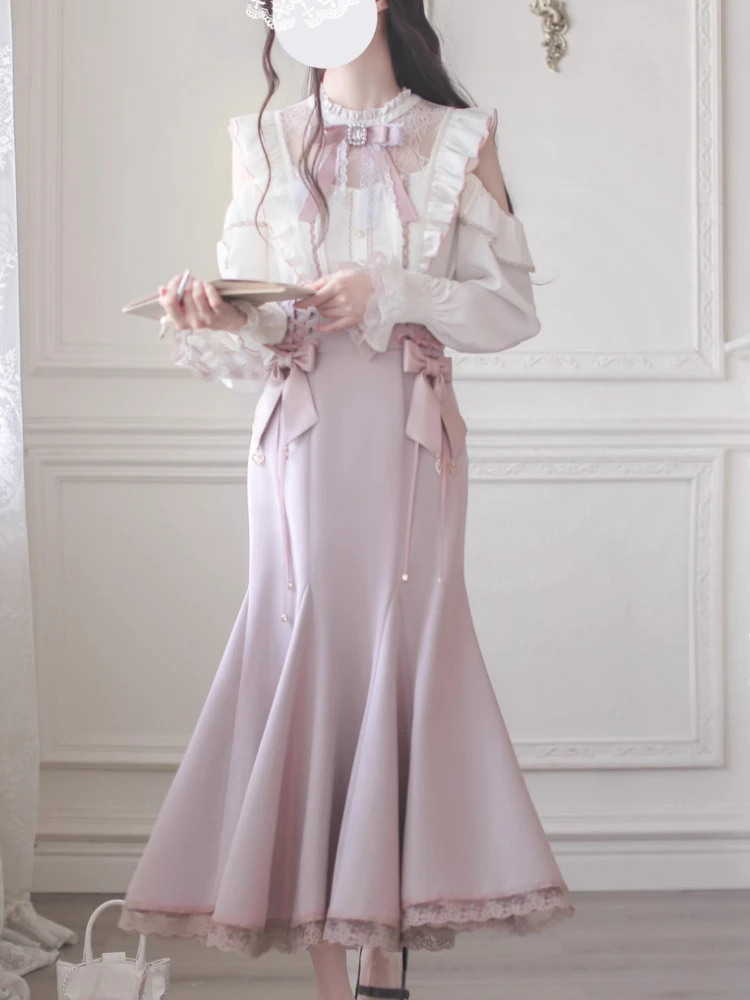 

Японская милая Лолита, комплект из 2 предметов, женская повседневная рубашка с бантом Y2k + элегантные юбки-миди, модные кружевные милые наряды в стиле Харадзюку