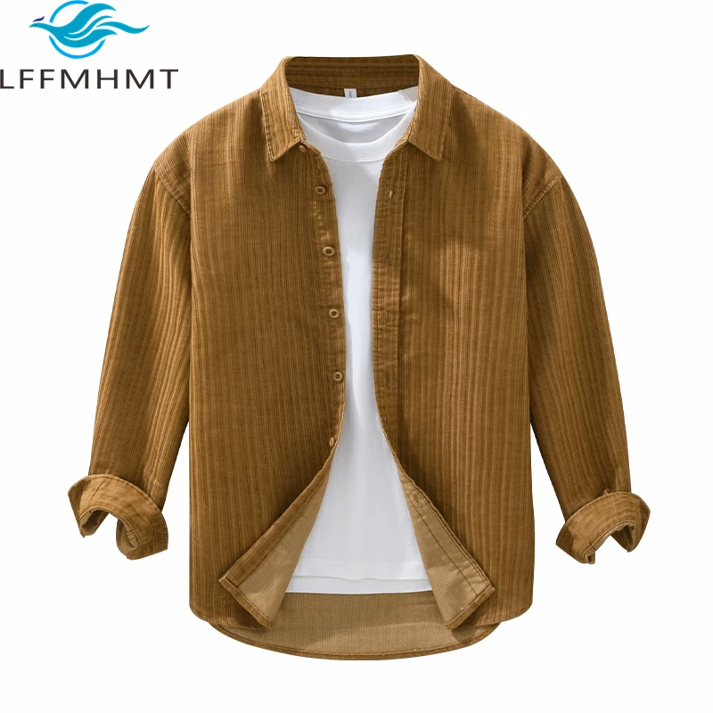 

2333 Men's Vintage Corduroy Shirt Spring Fall Fashion Japan Style Long Sleeve Solid Color Loose Casual Classic Lapel Blouse Tops