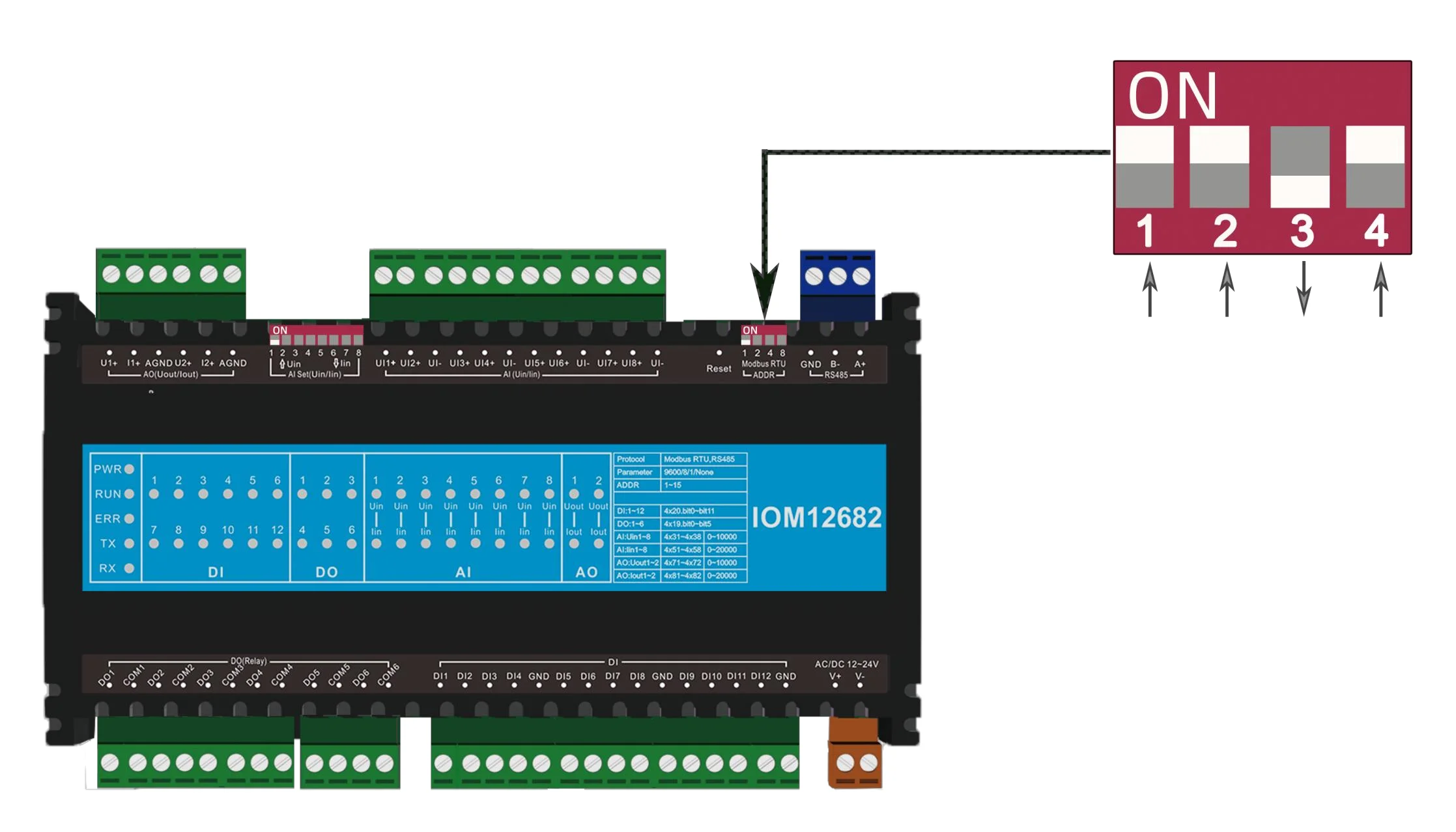 وحدة توسيع IOM12862 التناظرية I/O تدعم Modbus RTU 12DI 6DO 8AI 2AO لتطبيقات إنترنت الأشياء
