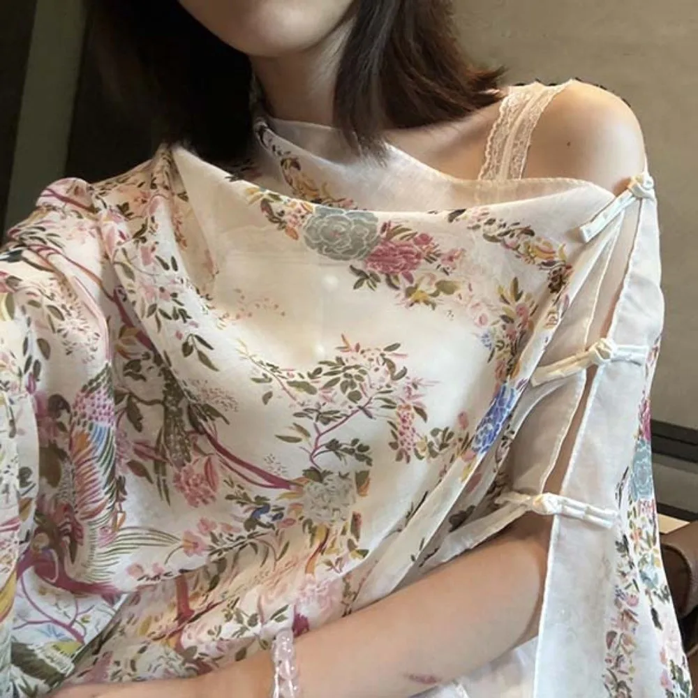 

Sweet Breathable Women Floral Scarf Tie-dye Frog Button Thin Large Shawl Long Bird Patterned Sunscreen Headscarf Girls