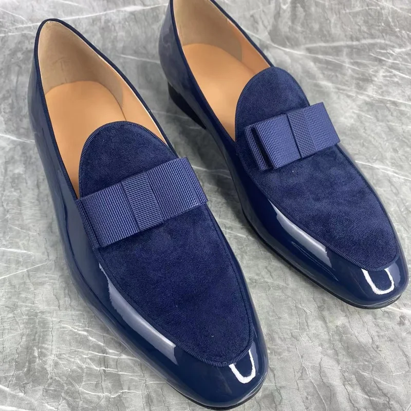 New Luxury Bright Dark Blue Leather Shoes Men Suede Loafers With Bowtie Slip On Dress Shoes Men\'s Flats Casual Shoes