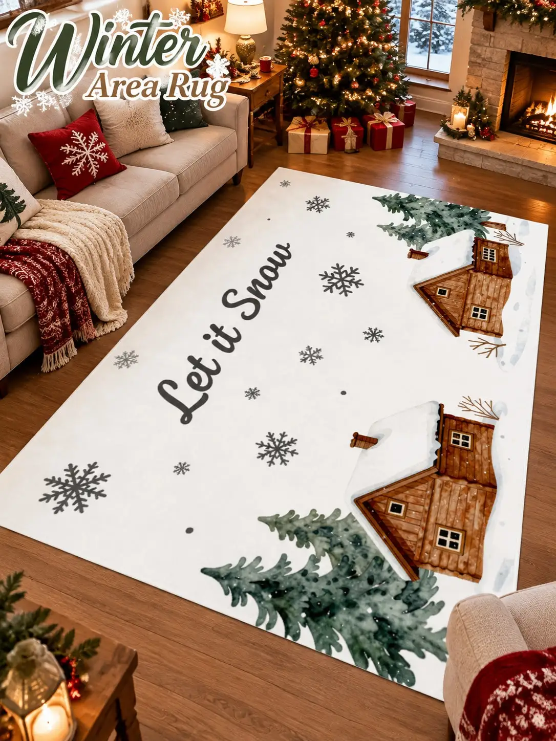 Christmas Rug Winter Cabins Trees Snowflakes Living Room Bedroom Lounge Hallway Floor Carpet Gift for Mom Dad Sisters Friends Thanksgiving Birthday Anniversary Housewarming Apartment Cottage Home Styling Sofa Side Reading Nook Holiday Gathering