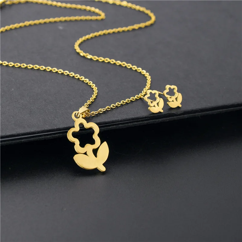 316L Stainless Steel Jewelry Sets Tulip Rose Flower Daisy Sunflower Choker Necklaces &  Earings Set For Girl Wholesale Dropship