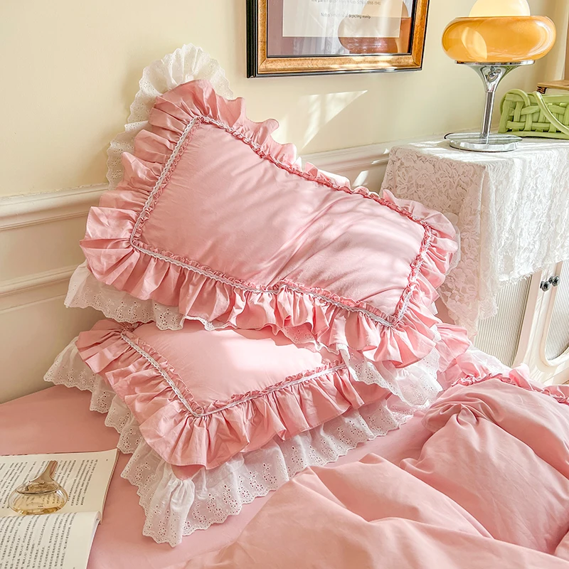 2 Pcs Luxury Double Ruffle Pillow Cover Bed Solid Pillowcase Brief Handmade Pillow Cases Home Textile Lace Decorative