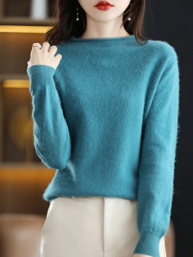 100%Mink Cashmere Sweater Autumn Winter New Knitted Pullover Women O-Neck Loose Sweater Casual Long Sleeve Thick Tops Base Shirt