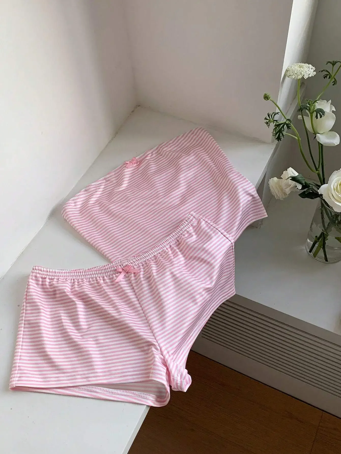 여름과 가을 신상 여성용 귀여운 캐주얼 스트라이프 도파민 여성용 파자마 바지 세트