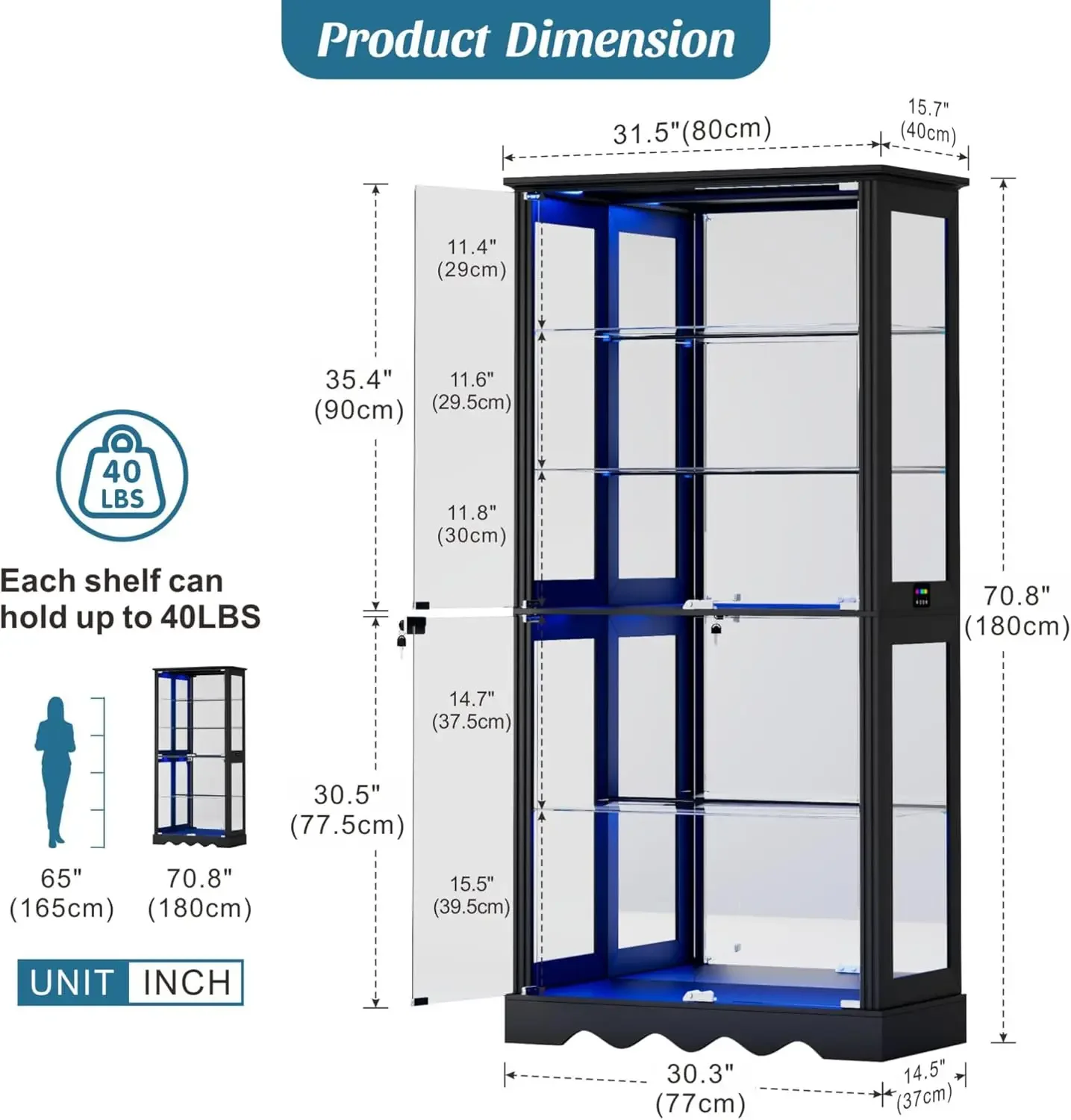 71 Inch Black Glass Display Cabinet With Doors RGB LED Lights Adjustable Shelf For Collectibles