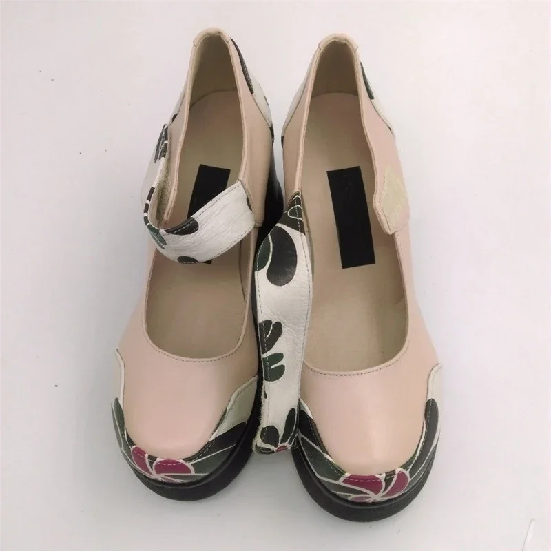 YAERNI  Genuine leather shoes platform shoes high heel pumps print color wedges shoes for woman  E458