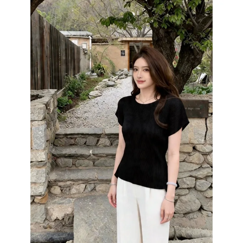 Miyake Pleated 2026 Original T-Shirt for Women Summer New Slim Fit Versatile Casual Age-Reducing Tie Top Women's Short Sleeve