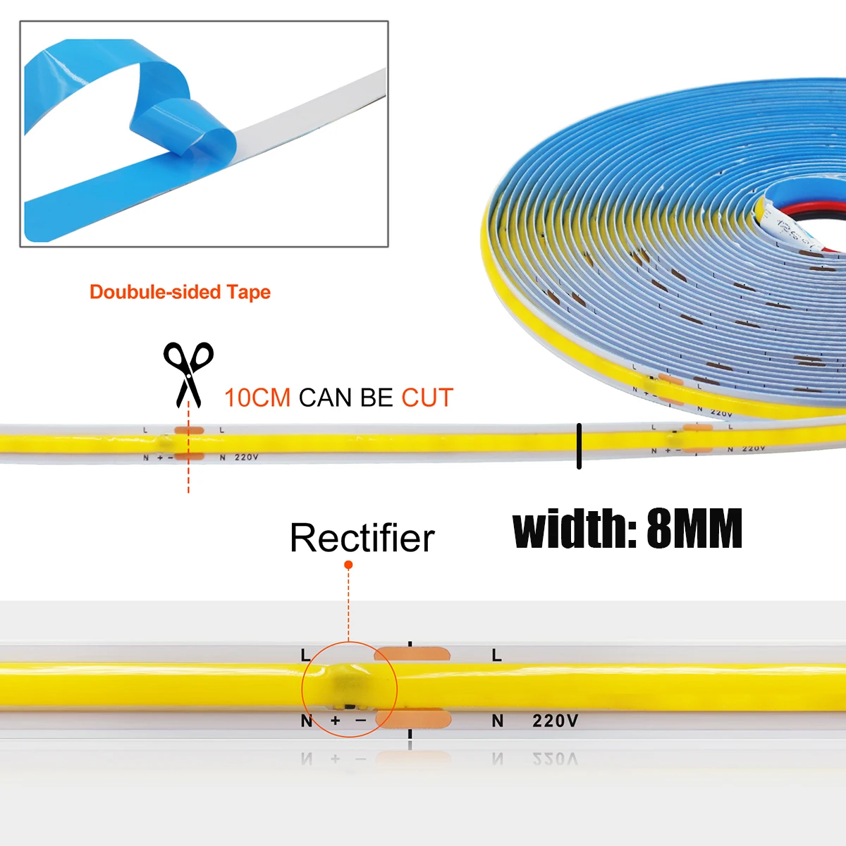 5m 10m 20m 50m/Rolle Cob Strip AC 220V 120leds/m IP20 240 k 3000k 4000k Treiber eingebaut in Wohnkultur flexible Band Seil LED-Licht