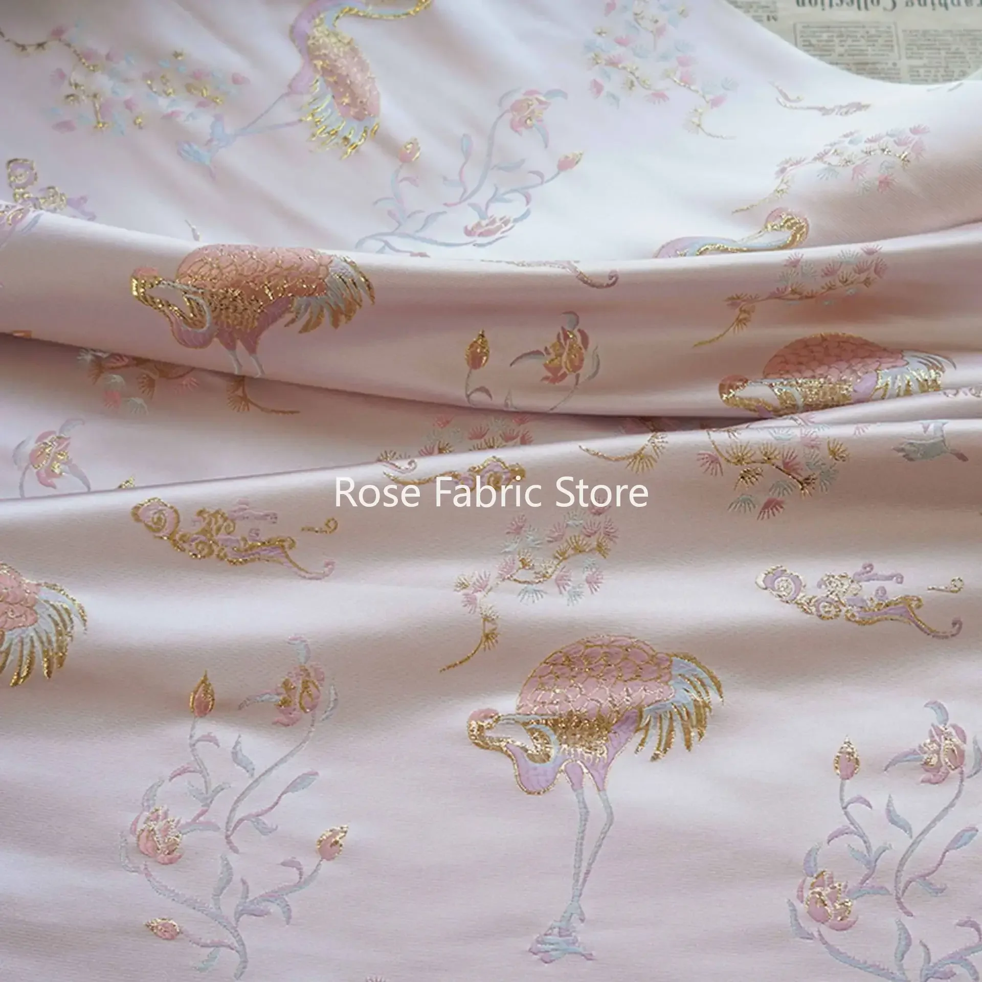 1 meter Embossed Golden Silk Crane Woven Brocade Jacquard Fabric Chinese Style Dress Vest Clothing Decorative Sewing Fabric