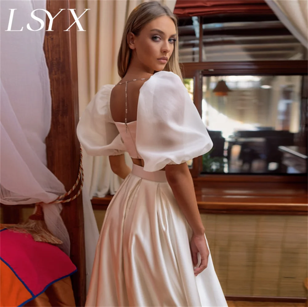 LSYX due pezzi maniche a sbuffo abito da sposa a trapezio increspato in raso per le donne abito da sposa moderno con cerniera Sweep Train Custom Made