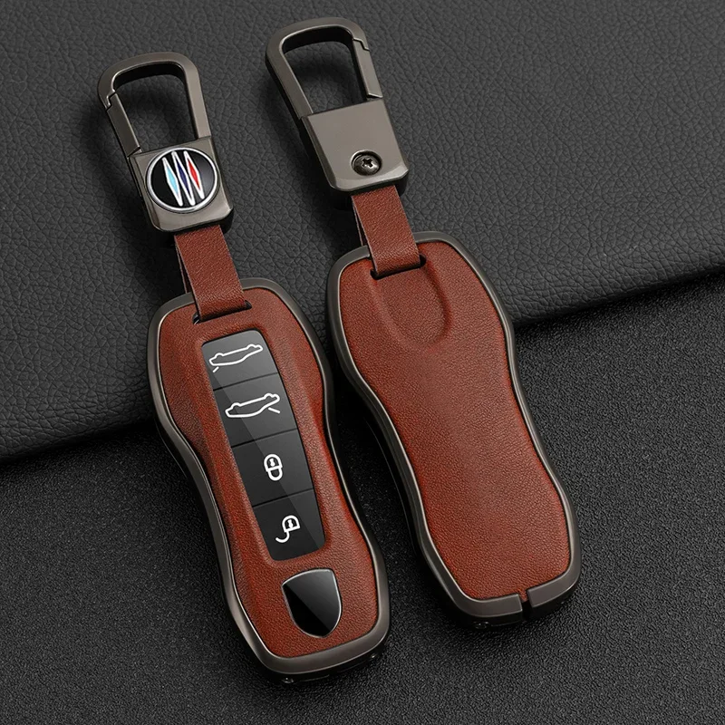 Zinc Alloy+Leather Car Key Case Cover for Porsche New Cayenne Panamera 911 992 Taycan Car Protective Keychain Accessories