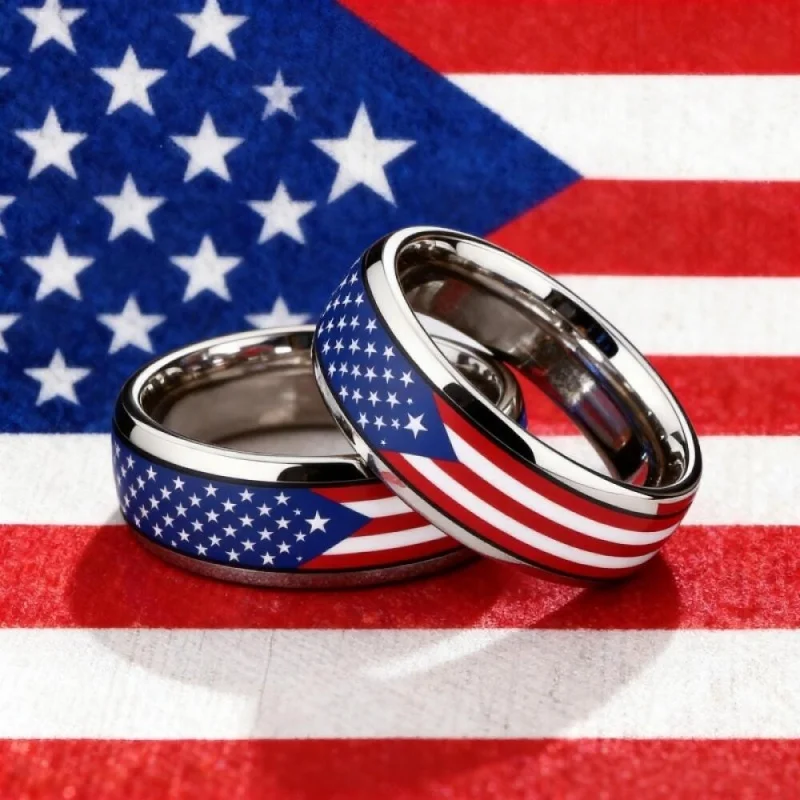 Huitan 8mm American US Flag Pattern Men Women Stainless Steel Ring United States National Flag Band Ring Accessories Jewelry