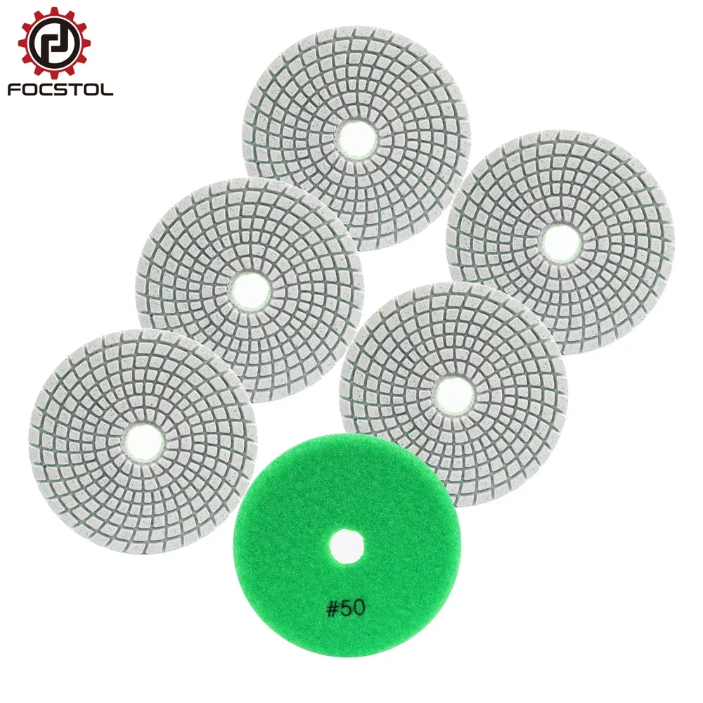 FOCSTOL 4inch Diamond Polishing Pad Set 6pcs 100mm Wet Sanding Discs for Polishing Granite Marble Quartz Grit 50-3000 Sanding Di