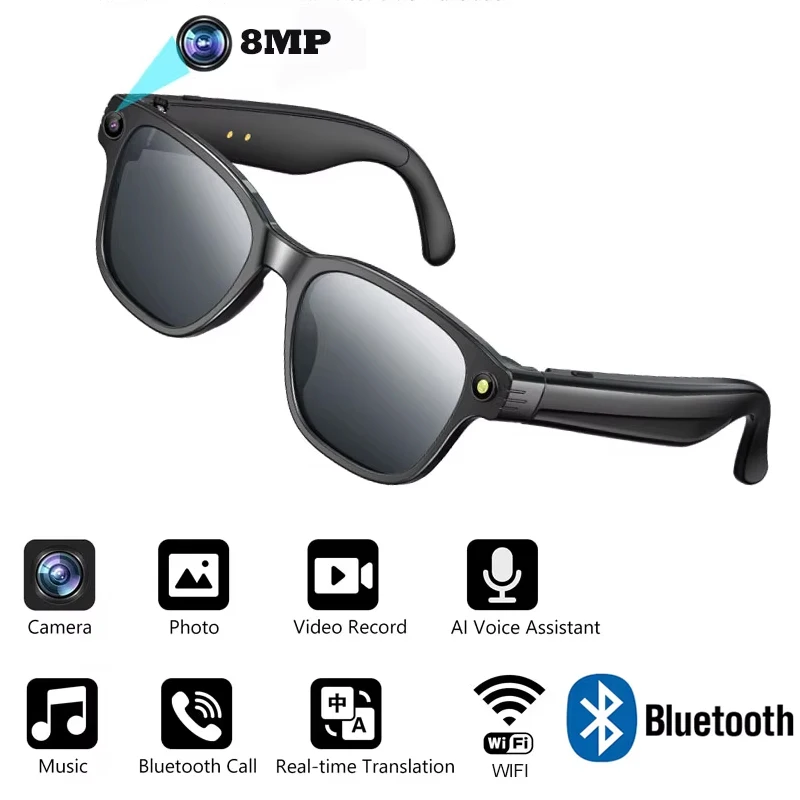 

Умные очки AI с 8-мегапиксельной HD-камерой, 1200P, чат GPT, запись видео, шумоподавление, перевод в реальном времени, солнцезащитные очки BT для вызова