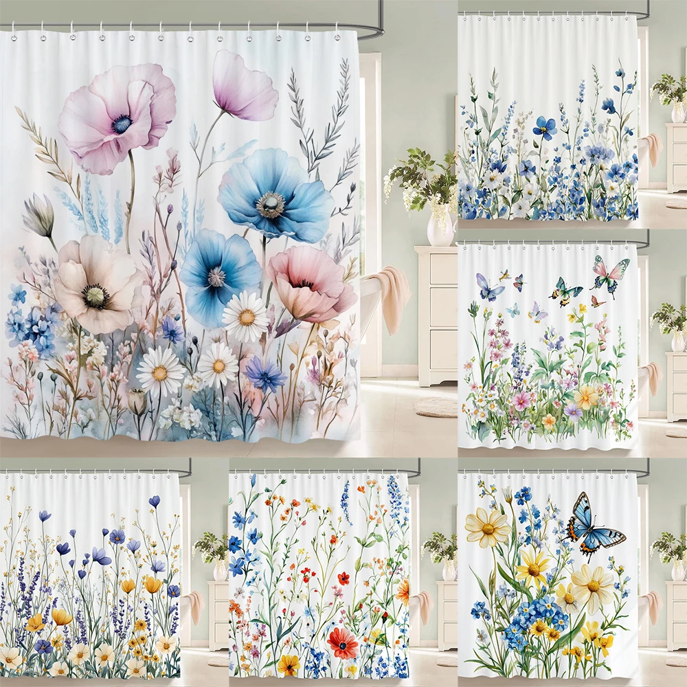 

Watercolor Flowers, Leaves and Butterflies Shower Curtain Floral Printed Bathroom Bath Curtain Home Decor Curtain With Hooks