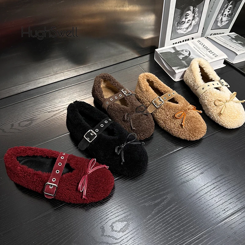 

Luxury Buckle Strap Lambswool Ballet Flats Woman Brand Design Round Toe Bowknot Fur Mary Jane Shoes Ladies Fluffy Plush Loafers