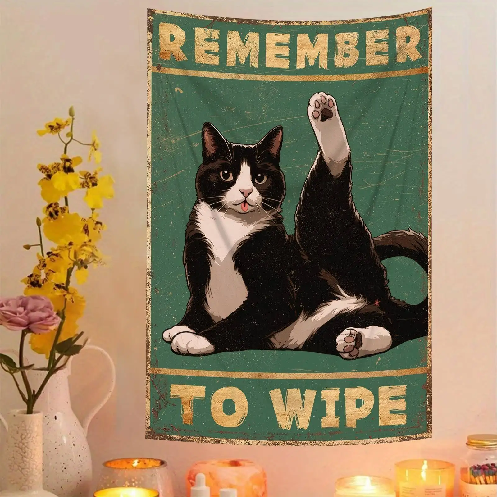 Funny Cat Bathroom Tapestry, Remember To Wipe Wall Hanging, Vintage Green Decor, Pet Lover Toilet Background Cloth