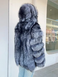 Hooded Silver Fox Fur Coat Women Full Sleeves Plus Size Female Genuine Cropped Thick Fox Fur Jacket With Hood Winter