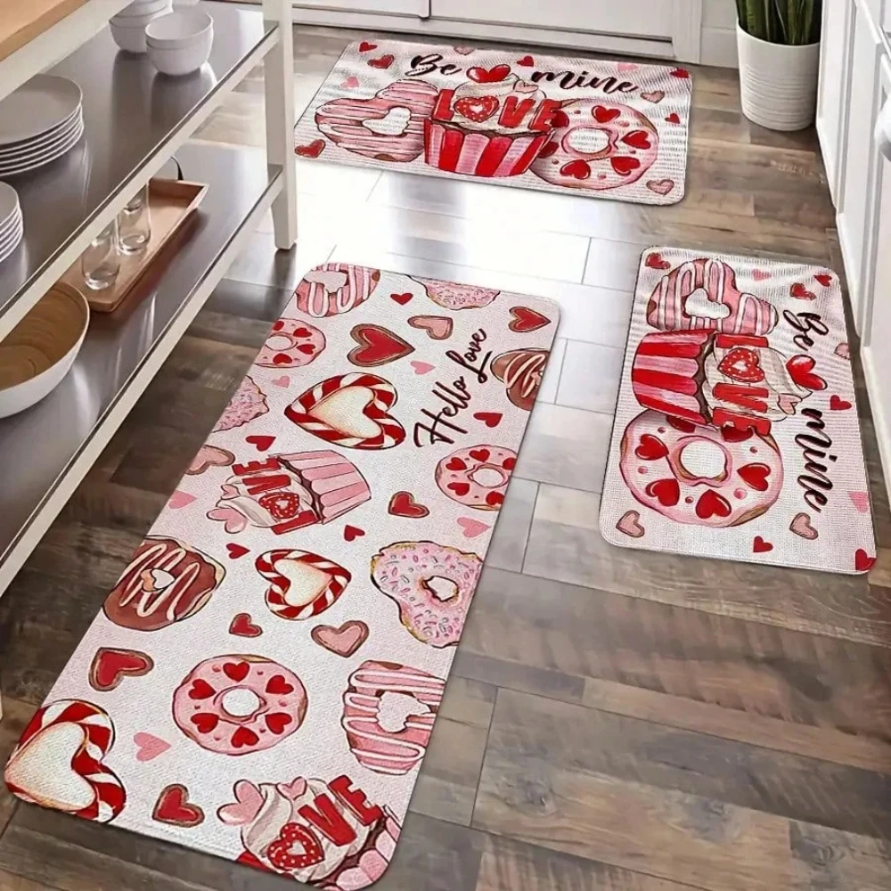 Fußmatten-Set mit Donut- und Kuchen-Aufdruck, Valentinstag-Motiv, Herz, romantischer Willkommensteppich für Küchendekoration, Schlafzimmerdekoration und Wohnaccessoires